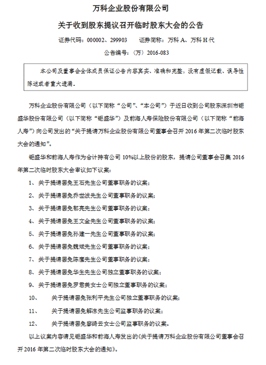 万科收到提议召开临时股东大会 包含罢免王石等董监高职务