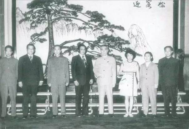 周恩来等人在大型铁画《迎客松》前留影