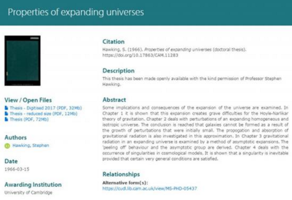 霍金首次公开24岁时博士论文，剑桥大学服务器一度瘫痪