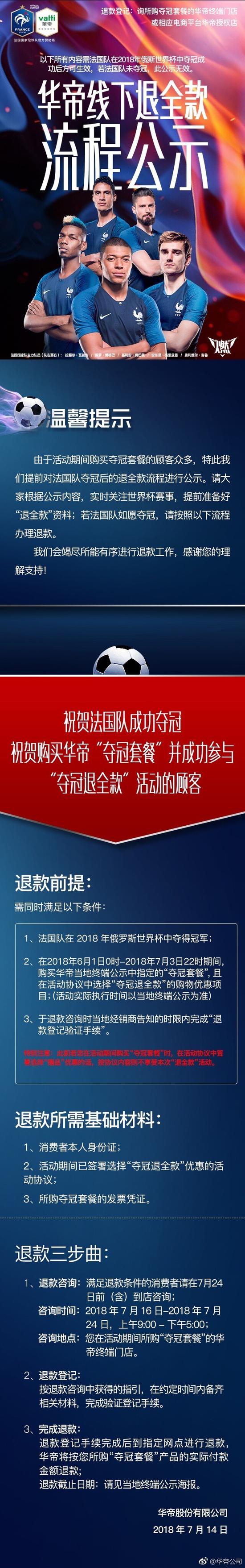 法国队夺冠!华帝启动退全款:营销期间卖了7900万