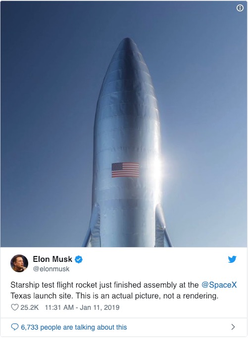 SpaceX完成测试版星际飞船组装 马斯克晒图