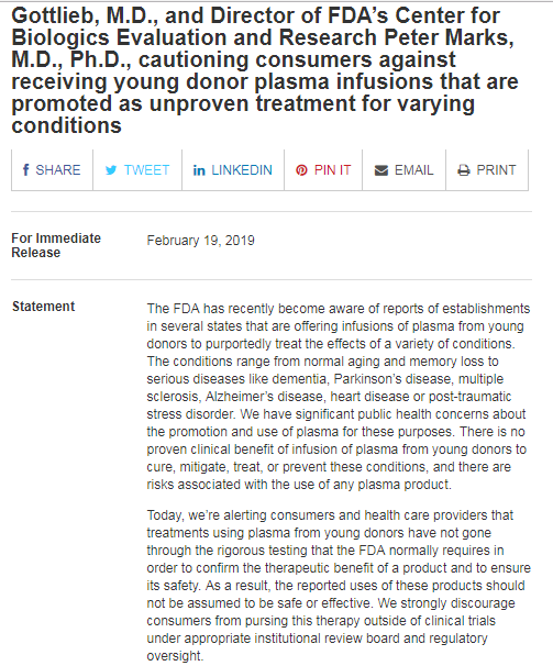 FDA警告：购买年轻人的血液以改善健康并不是一个好主意