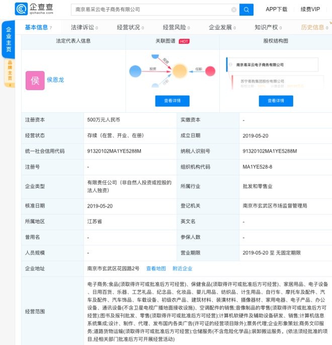 苏宁成立全资电子商务公司易采云 法人为侯恩龙