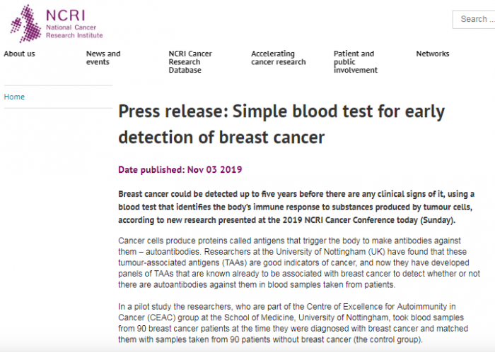 科学家对一种早期发现乳腺癌的血液测试提出质疑