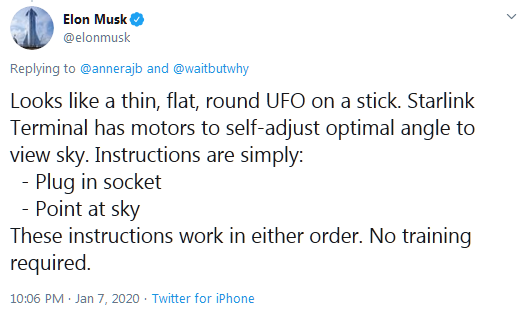 马斯克披露SpaceX Starlink终端信息：安装、使用都很简单