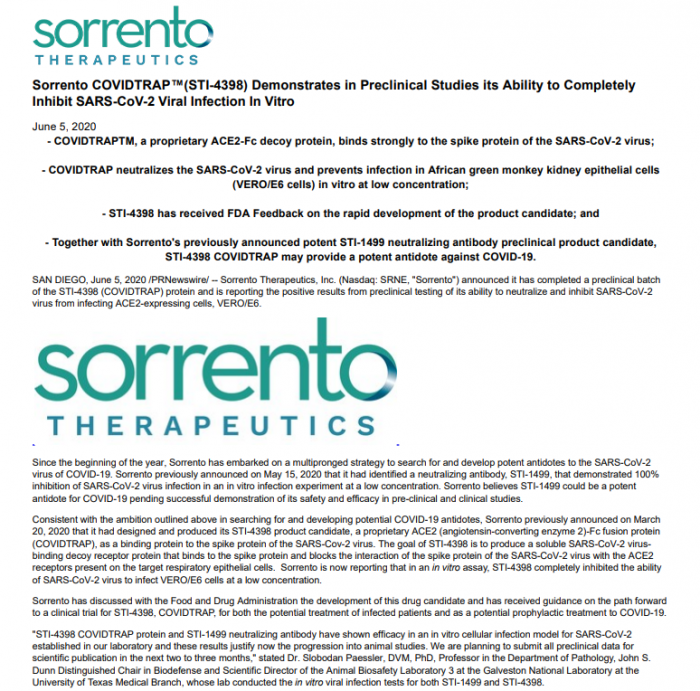 Sorrento称其一种新型药物在实验室测试中能中和新冠病毒