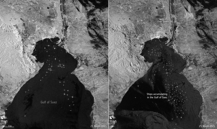 “哥白尼哨兵-1”卫星视角下的苏伊士运河大堵塞