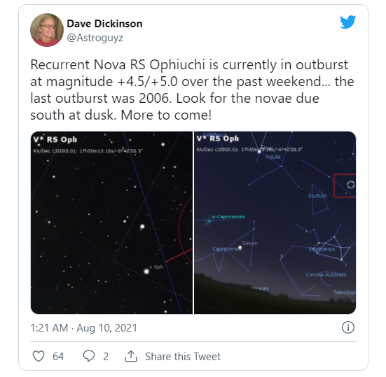 肉眼可见：本周一颗罕见的再发新星正在经历爆发