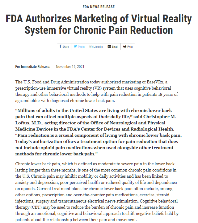 治疗慢性疼痛的VR疗法EaseVRx获得FDA授权