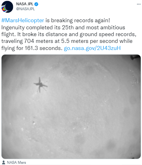 NASA火星直升机Ingenuity在第25次飞行中创下新纪录