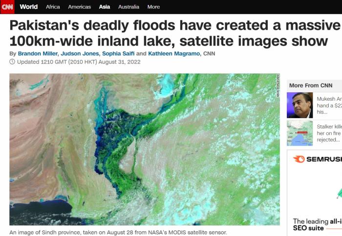 美媒：巴基斯坦洪灾形成100公里宽的内陆湖